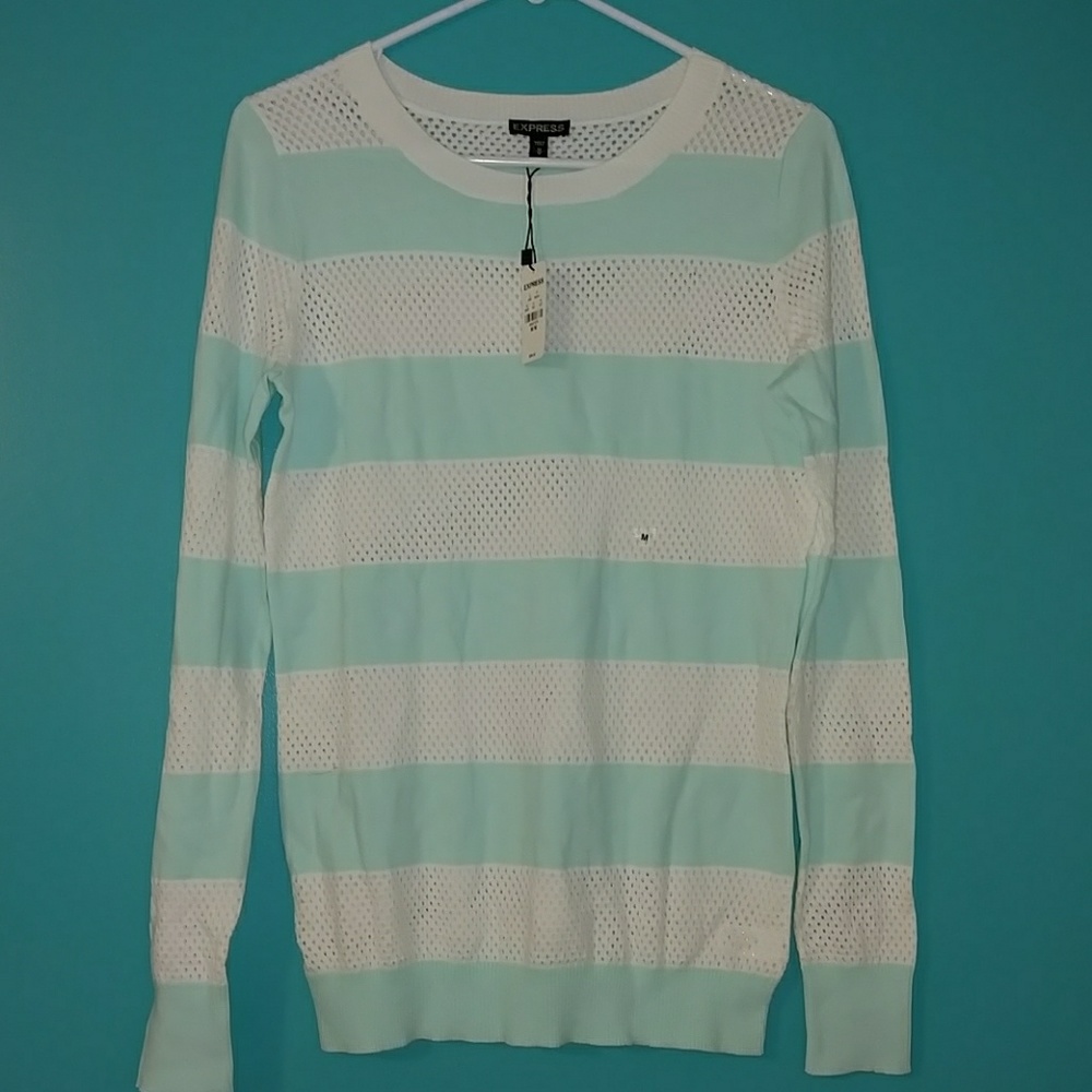 White with seafoam green strip sweater